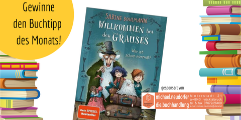 Zwischen zwei Buchstapeln befindet sich das Buchcover vom Buchtipp: Willkommen bei den Grauses