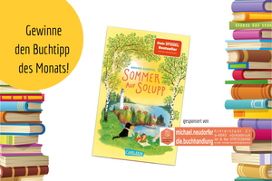 Zwischen zwei Bücherstapeln befindet sich das Buchcover von "Sommer auf Solupp"